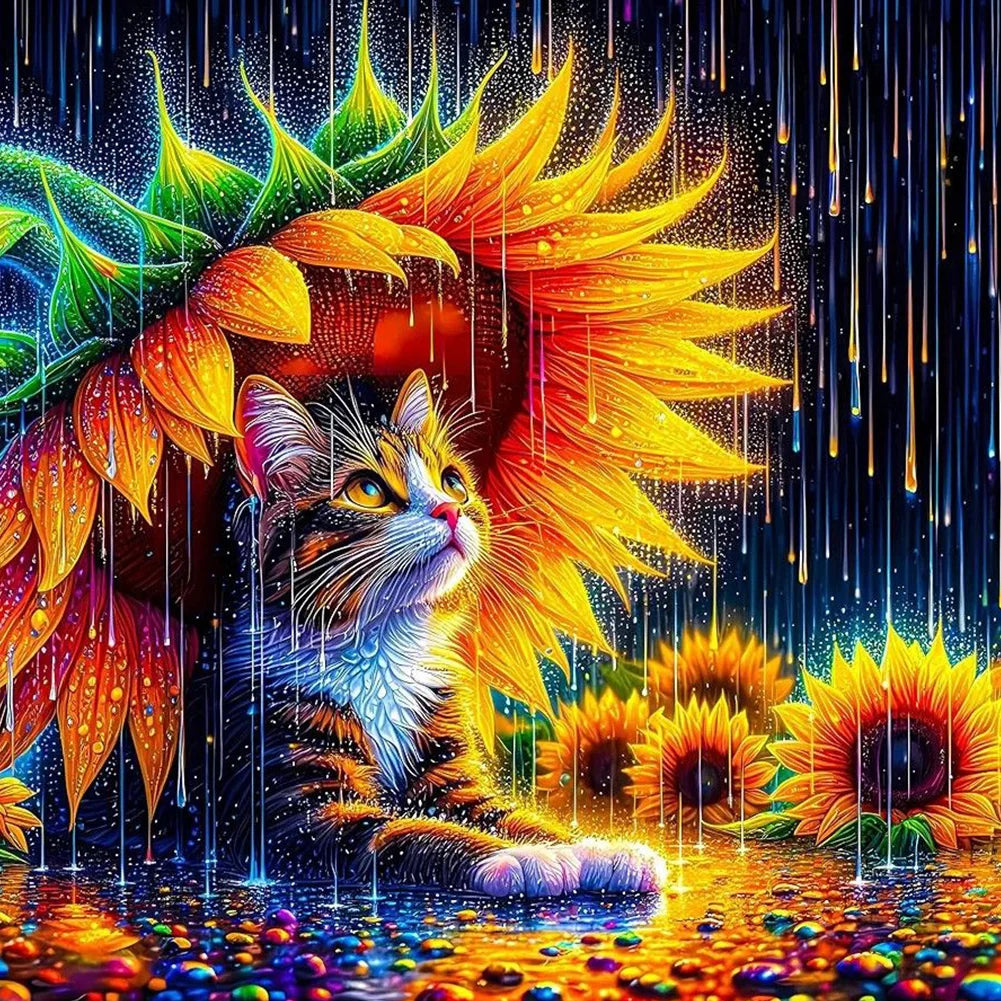 Diamond Painting - Full Round / Square - Cat Under Sunflower