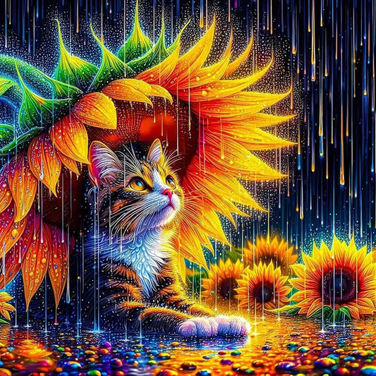 Diamond Painting - Full Round / Square - Cat Under Sunflower