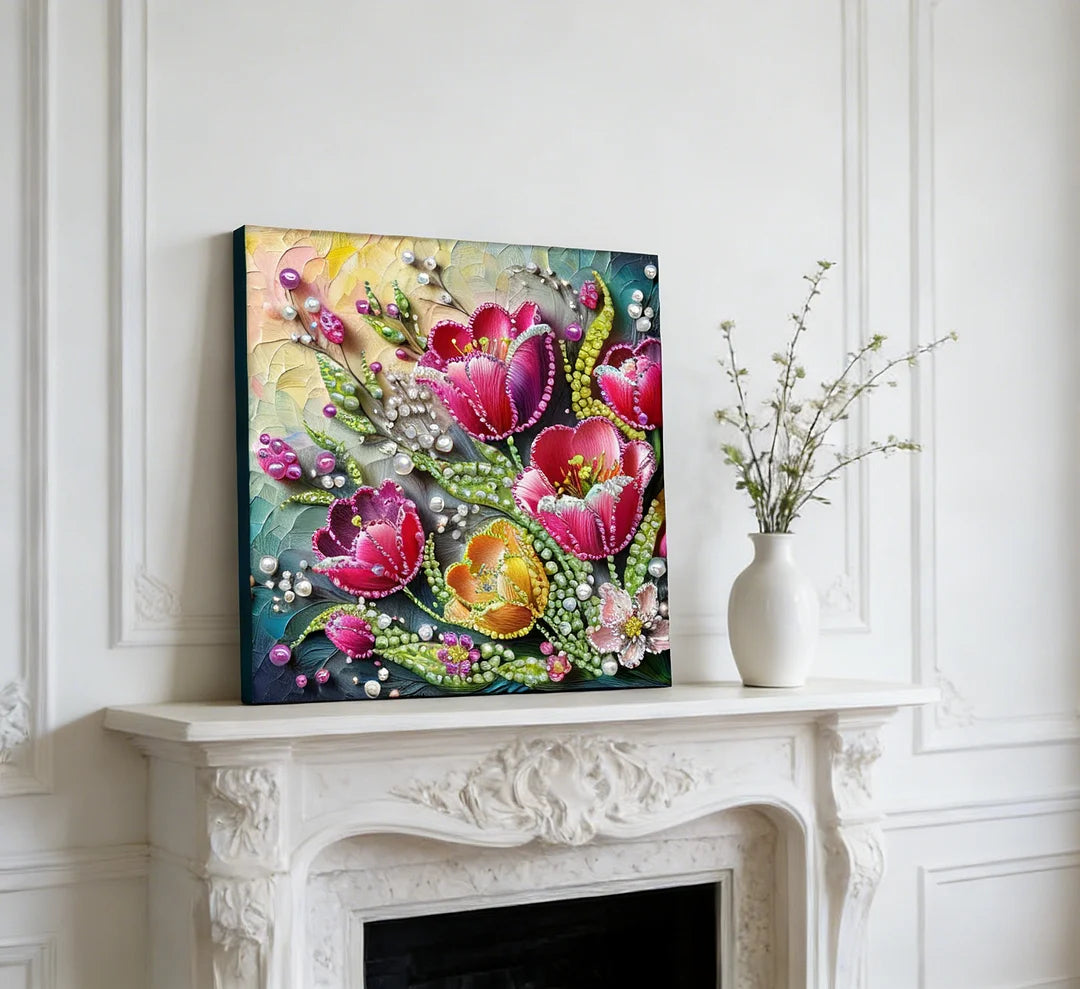 DIY Pearl Painting With Frame - Handmade Self-Adhesive Pearls - Tulip (30*30cm)