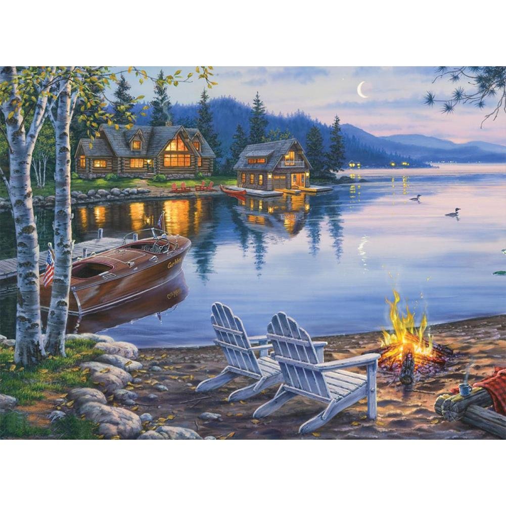 5D Diy Diamond Painting Kit Full Round Beads Lakeside Scenery