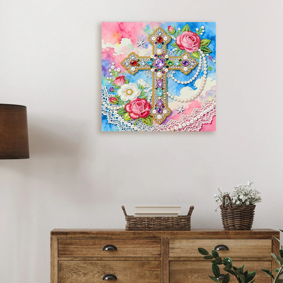 DIY Pearl Painting With Frame - Handmade Self-Adhesive Pearls - Cross (25*25cm)