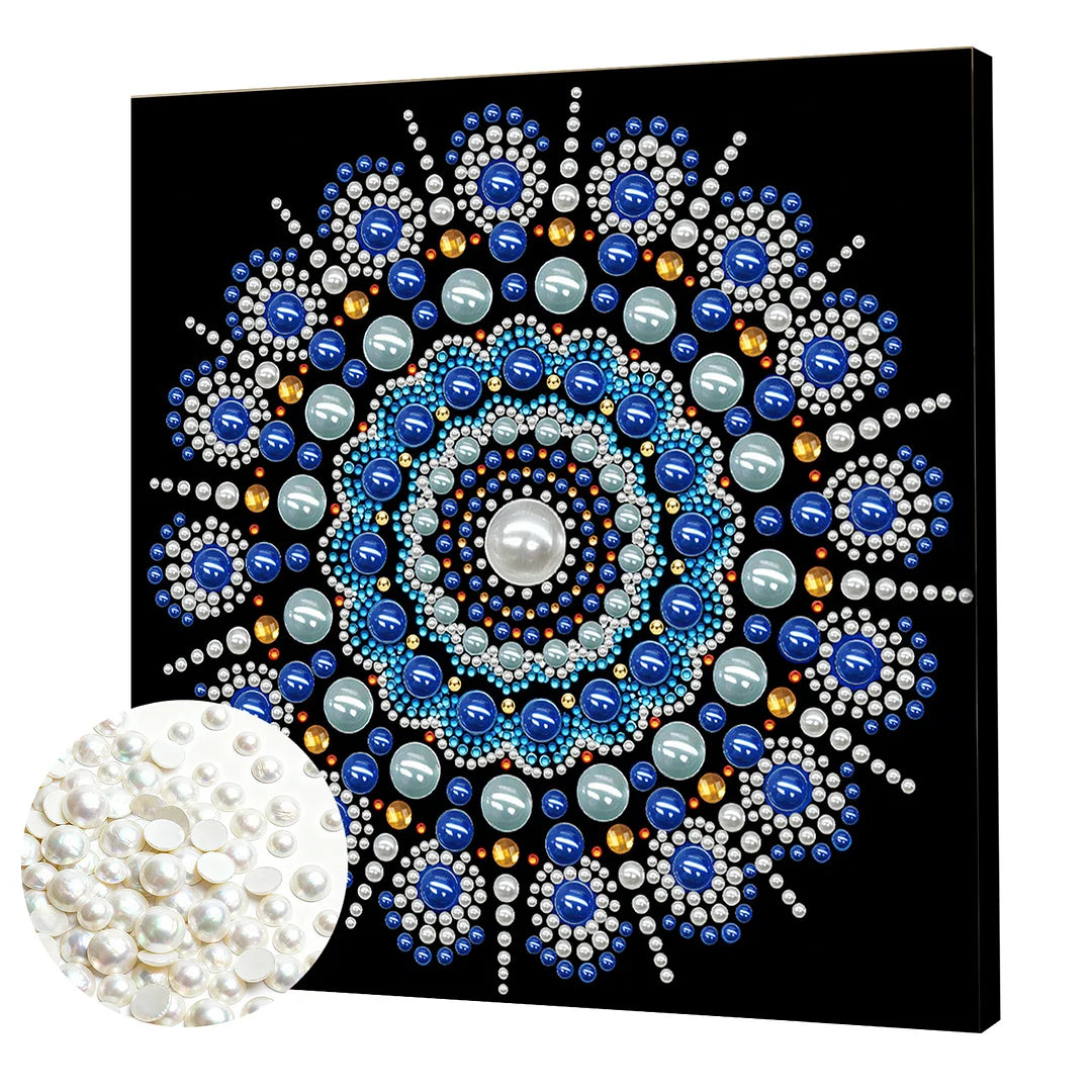 DIY Pearl Painting With Frame - Handmade Self-Adhesive Pearls - Blue Floral Mandala (25*25cm)