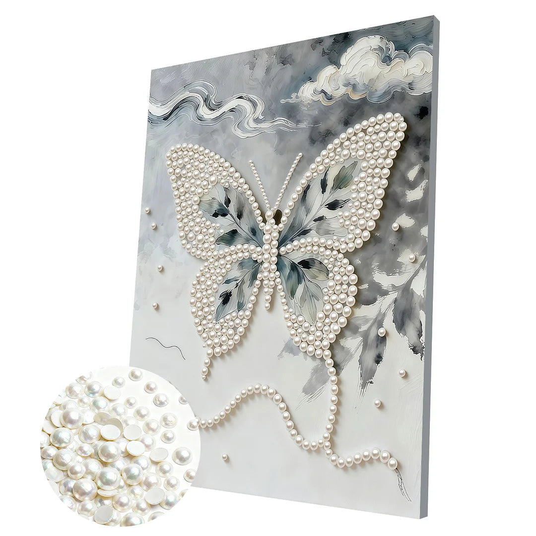 DIY Pearl Painting With Frame - Handmade Self-Adhesive Pearls - Butterfly (30*40cm) A