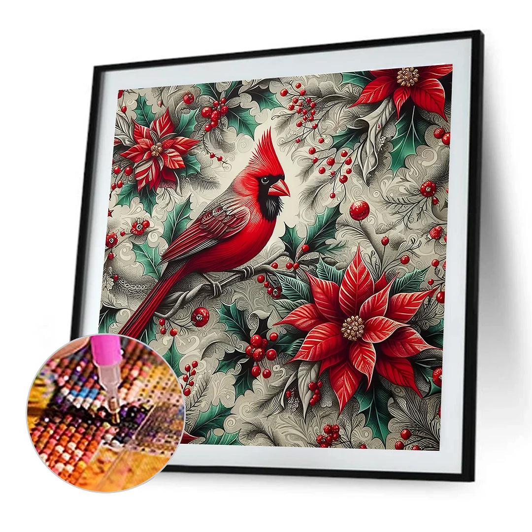 Diamond Painting - Full Round / Square - Red Poinsettia Cardinal