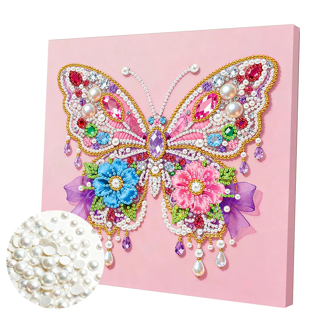 DIY Pearl Painting With Frame - Handmade Self-Adhesive Pearls - Butterfly (25*25cm) F
