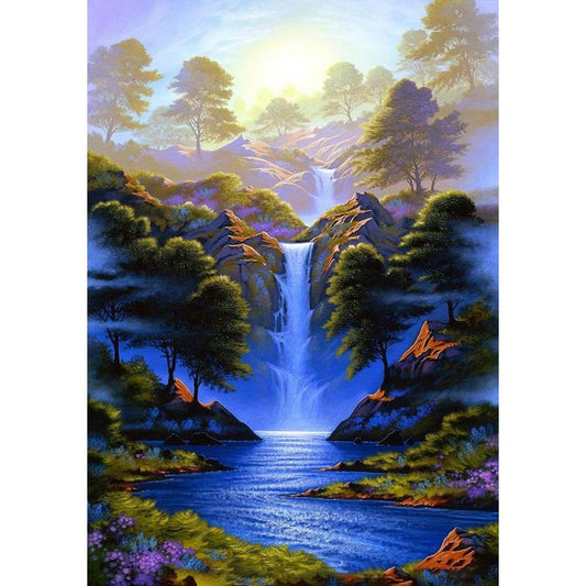 5D Diy Diamond Painting Kit Full Round Beads Forest Waterfall