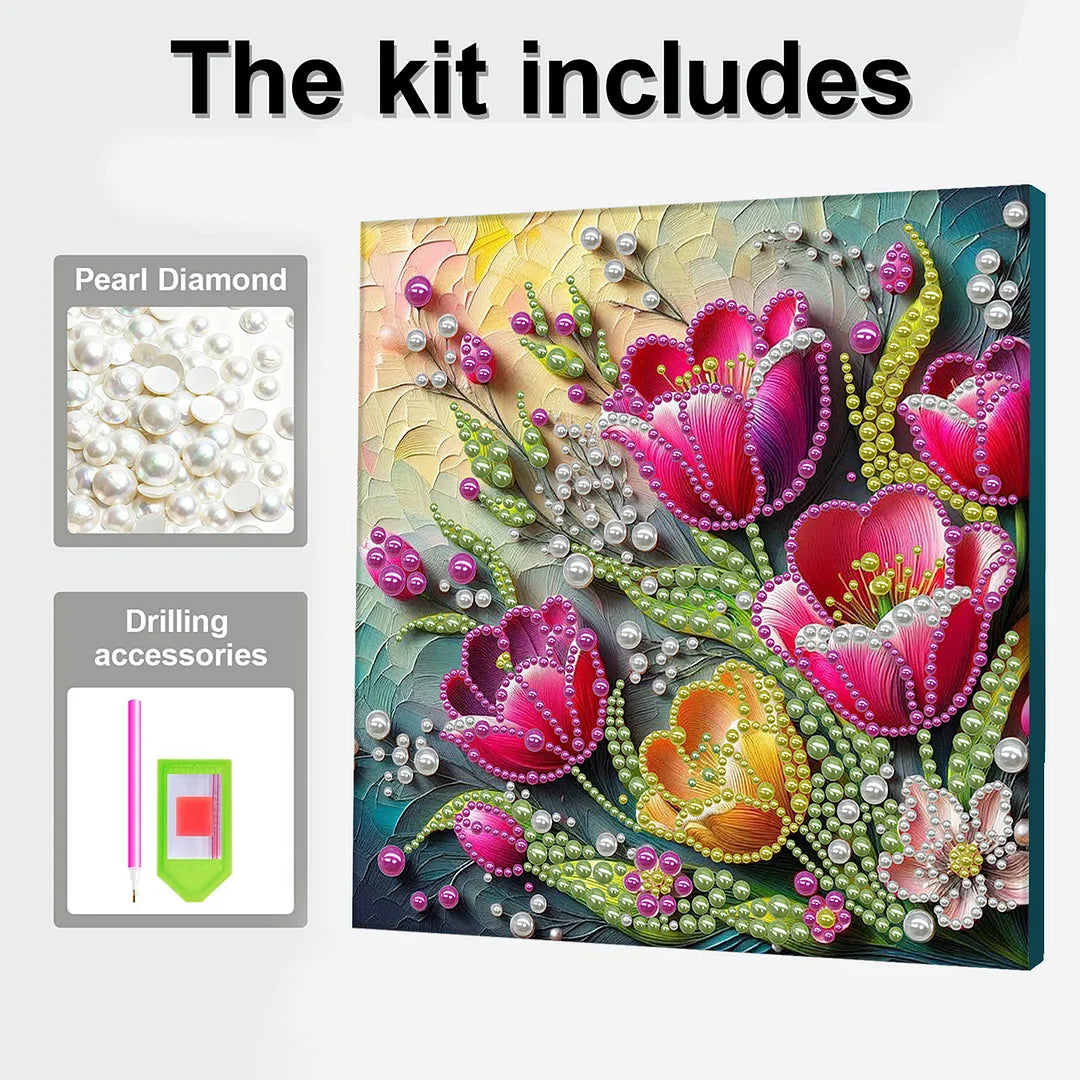 DIY Pearl Painting With Frame - Handmade Self-Adhesive Pearls - Tulip (30*30cm)