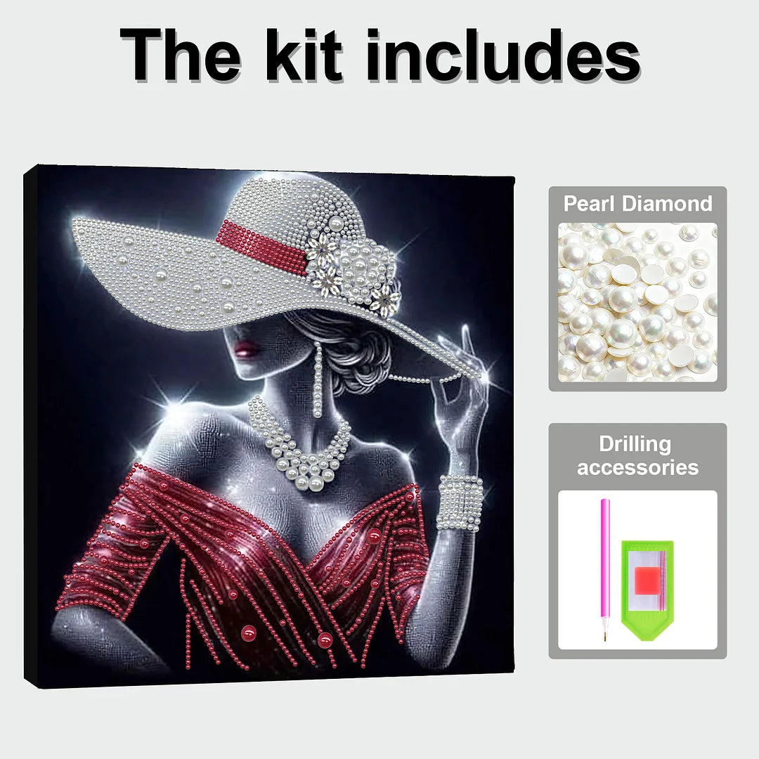 DIY Pearl Painting With Frame - Handmade Self-Adhesive Pearls - Red Dress Lady (30*30cm) C