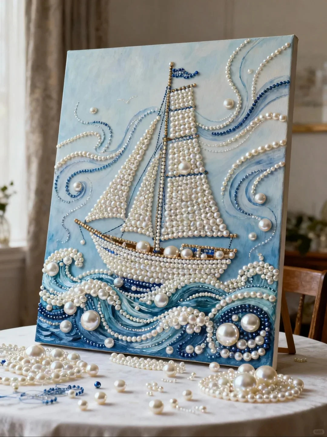 DIY Pearl Painting With Frame - Handmade Self-Adhesive Pearls - Sailboat (30*40cm) B