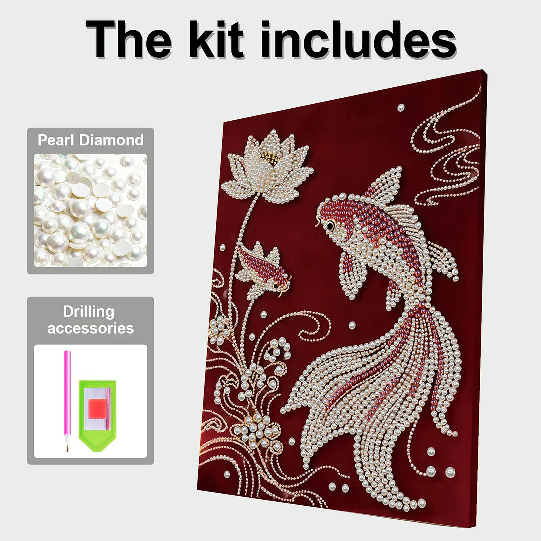 DIY Pearl Painting With Frame - Handmade Self-Adhesive Pearls - Lotus Fish (30*40cm)