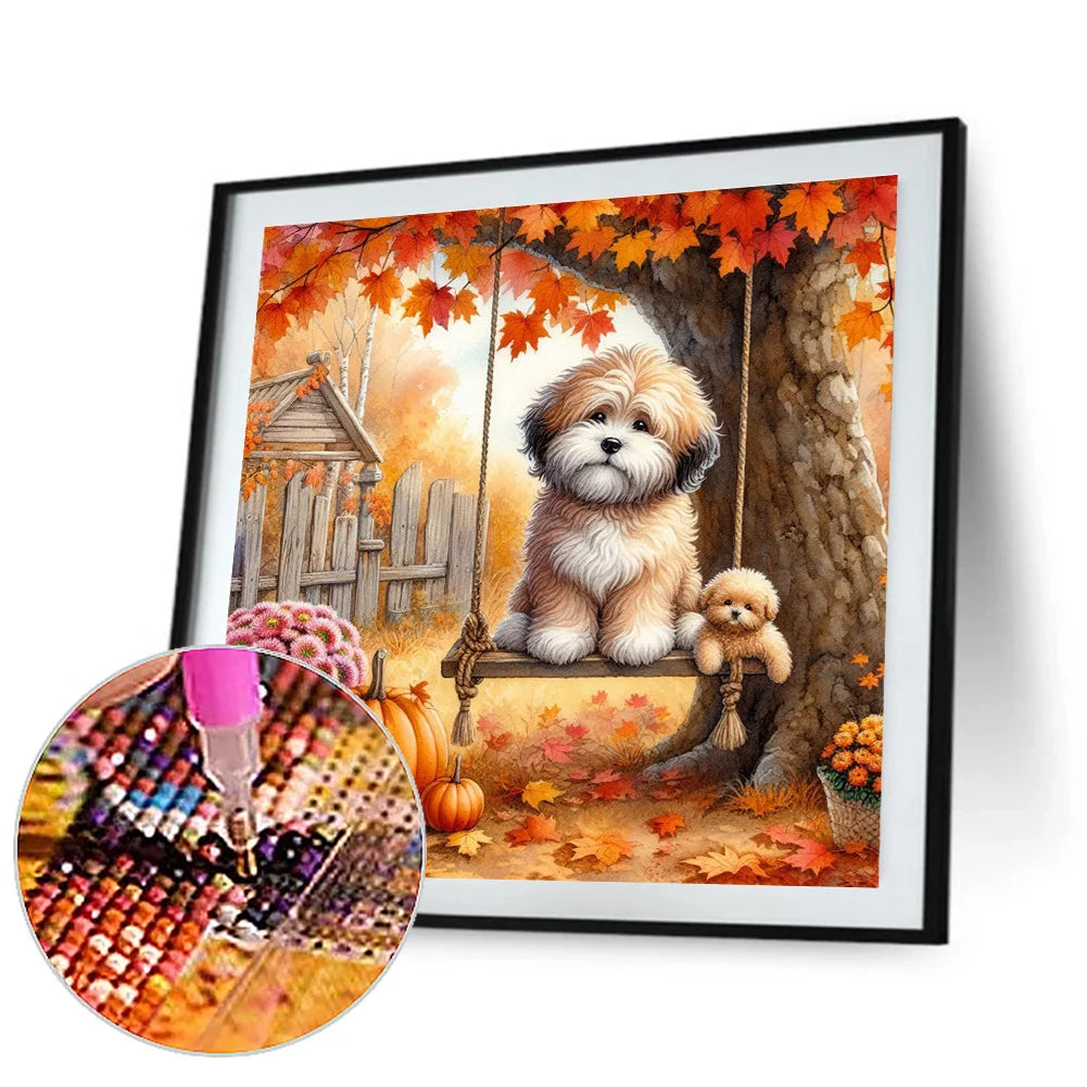 Diamond Painting - Full Round / Square - Autumn Dog On The Swing
