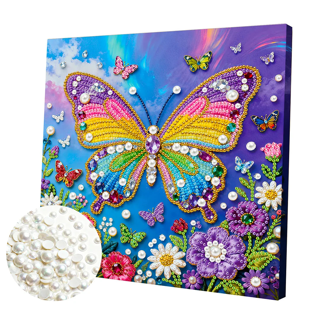 DIY Pearl Painting With Frame - Handmade Self-Adhesive Pearls - Butterfly (25*25cm) E