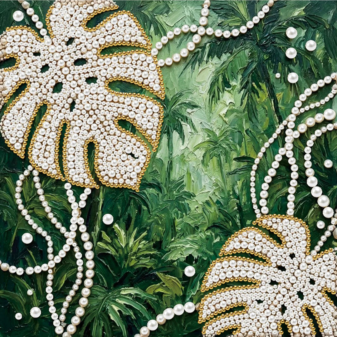 DIY Pearl Painting With Frame - Handmade Self-Adhesive Pearls - Monstera Leaves (25*25cm)