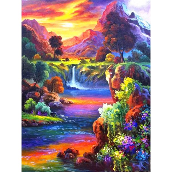 Diamond Mosaic Embroidery Kit Colorful Mountain Waterfall
