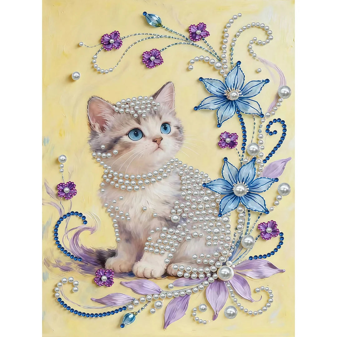 DIY Pearl Painting With Frame - Handmade Self-Adhesive Pearls - Flower Cat (30*40cm) A