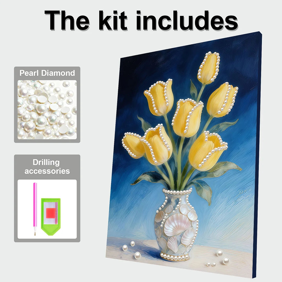 DIY Pearl Painting With Frame - Handmade Self-Adhesive Pearls - Yellow tulips (30*40cm)