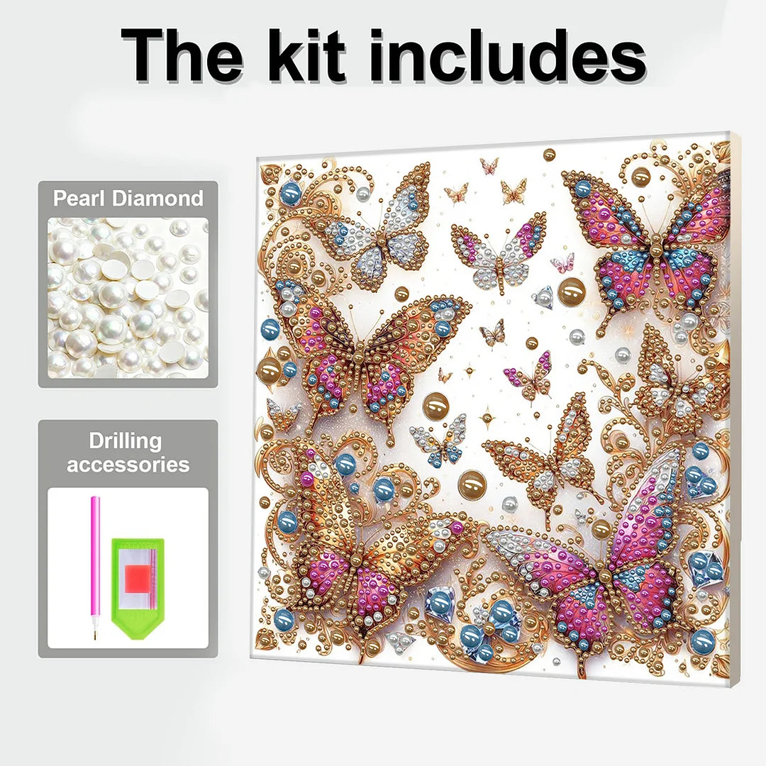 DIY Pearl Painting With Frame - Handmade Self-Adhesive Pearls - Gold Butterfly (30*30cm)