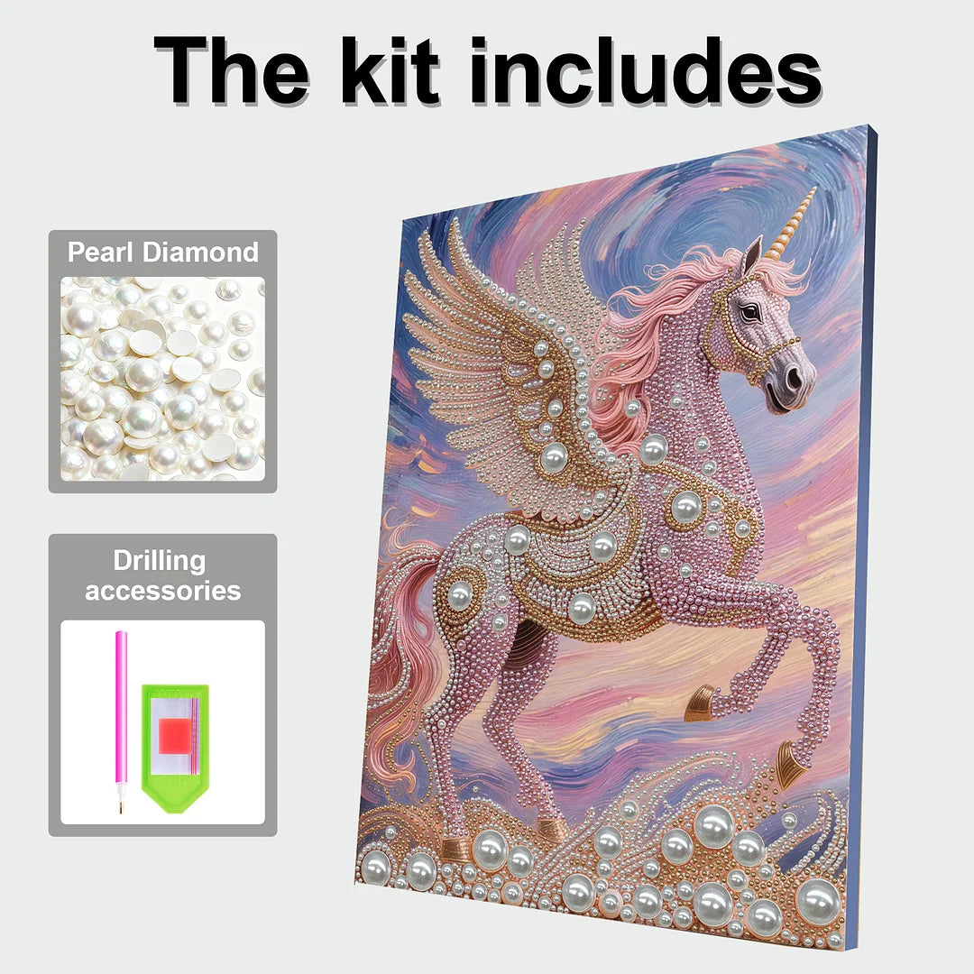 DIY Pearl Painting With Frame - Handmade Self-Adhesive Pearls - Unicorn (30*40cm) A