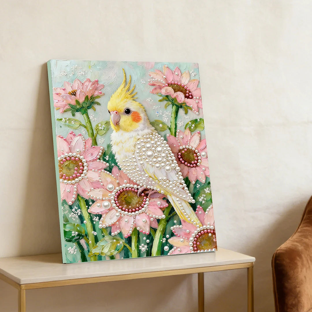 DIY Pearl Painting With Frame - Handmade Self-Adhesive Pearls - Cockatiel (30*40cm) B