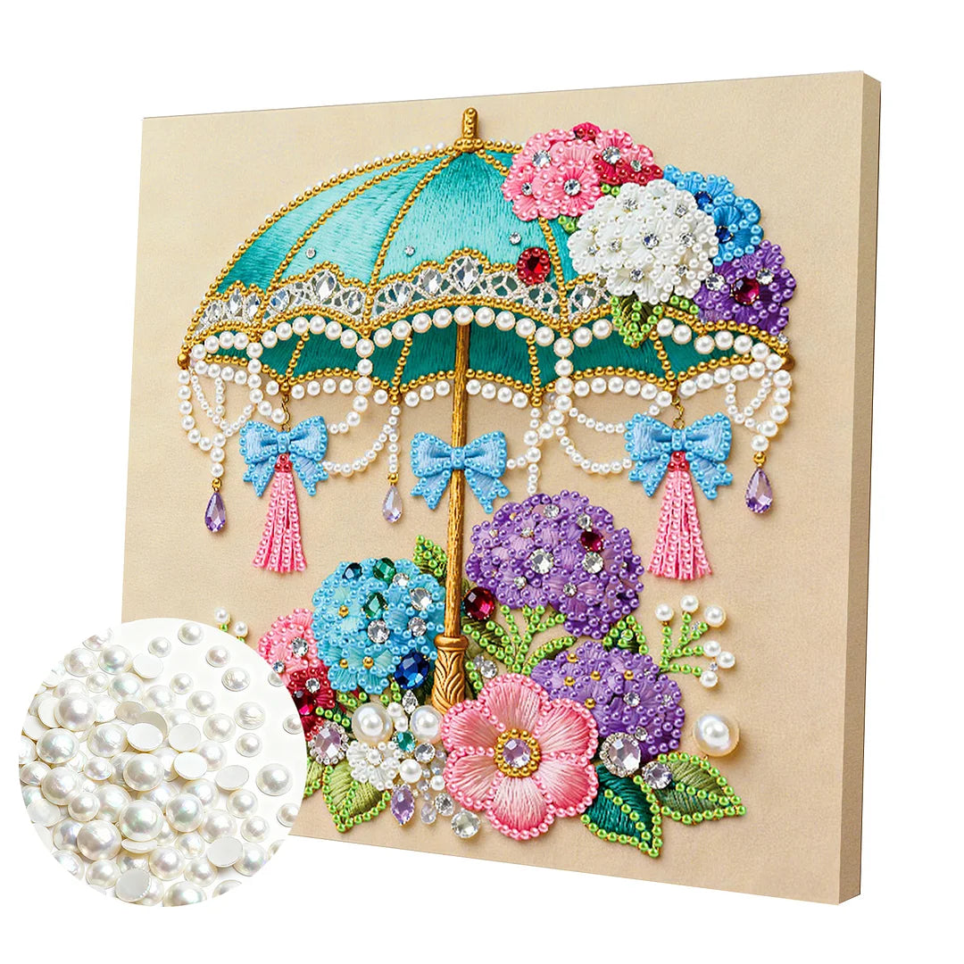DIY Pearl Painting With Frame - Handmade Self-Adhesive Pearls - Flower Umbrella (25*25cm)