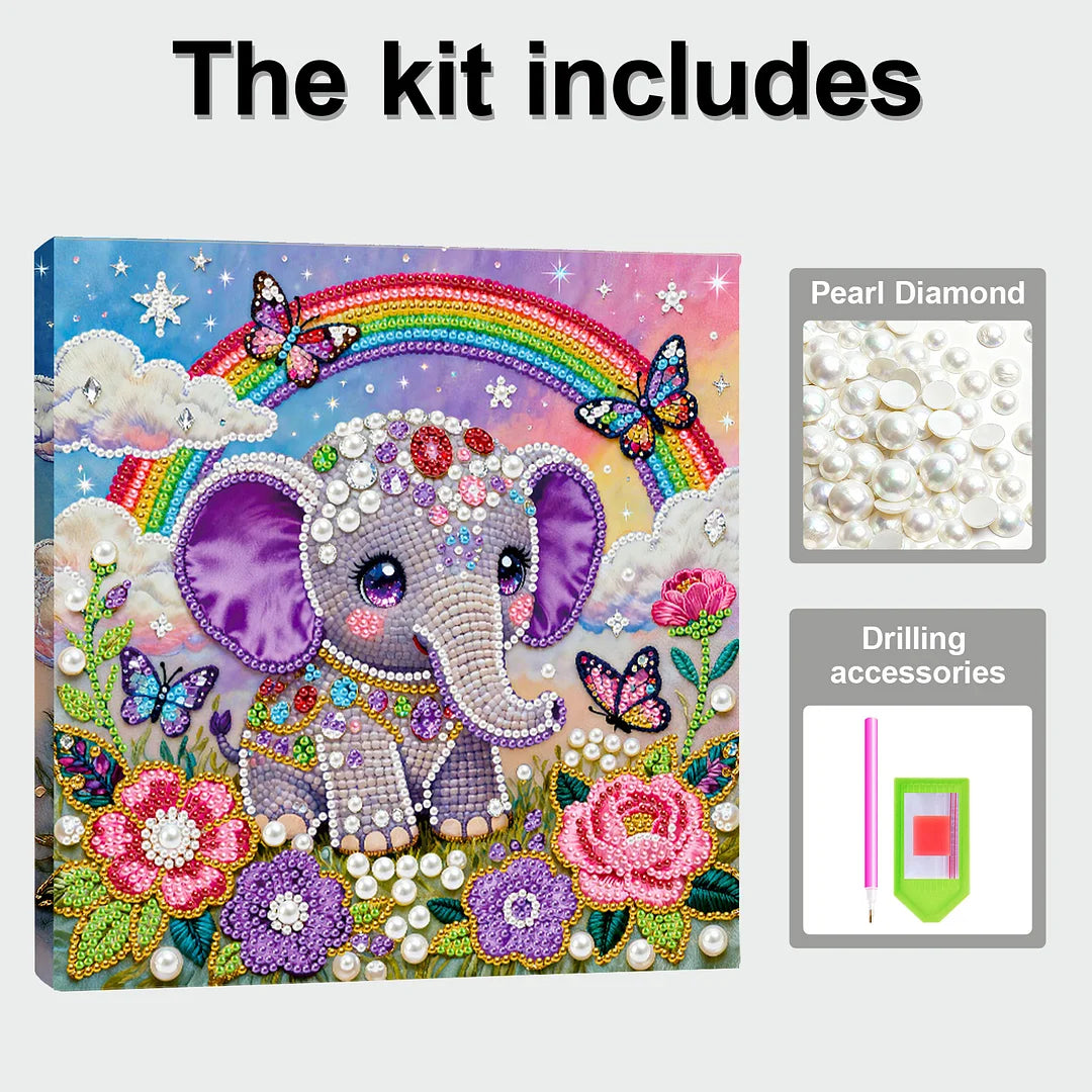 DIY Pearl Painting With Frame - Handmade Self-Adhesive Pearls - Elephant (25*25cm) A