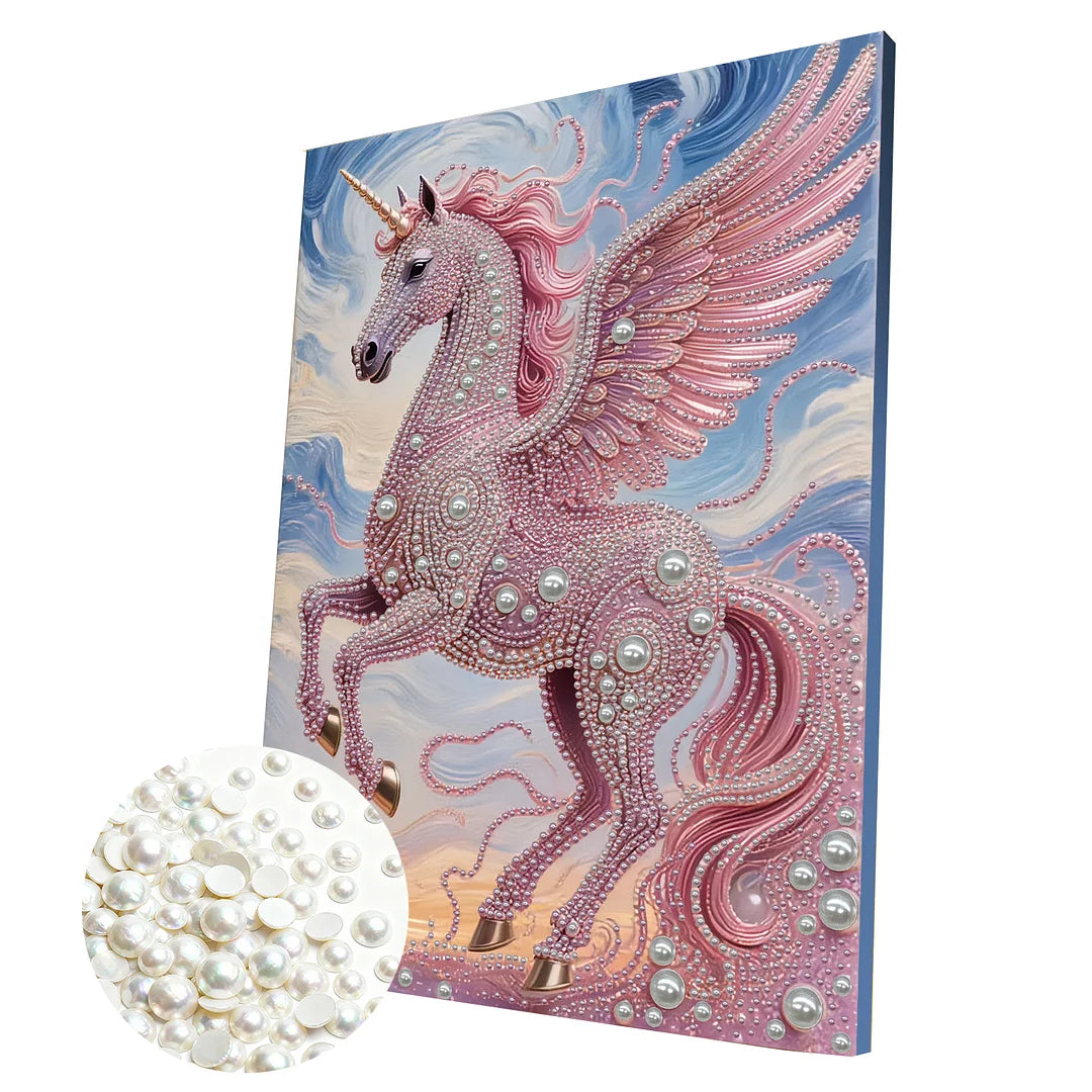 DIY Pearl Painting With Frame - Handmade Self-Adhesive Pearls - Pink Unicorn (30*40cm)