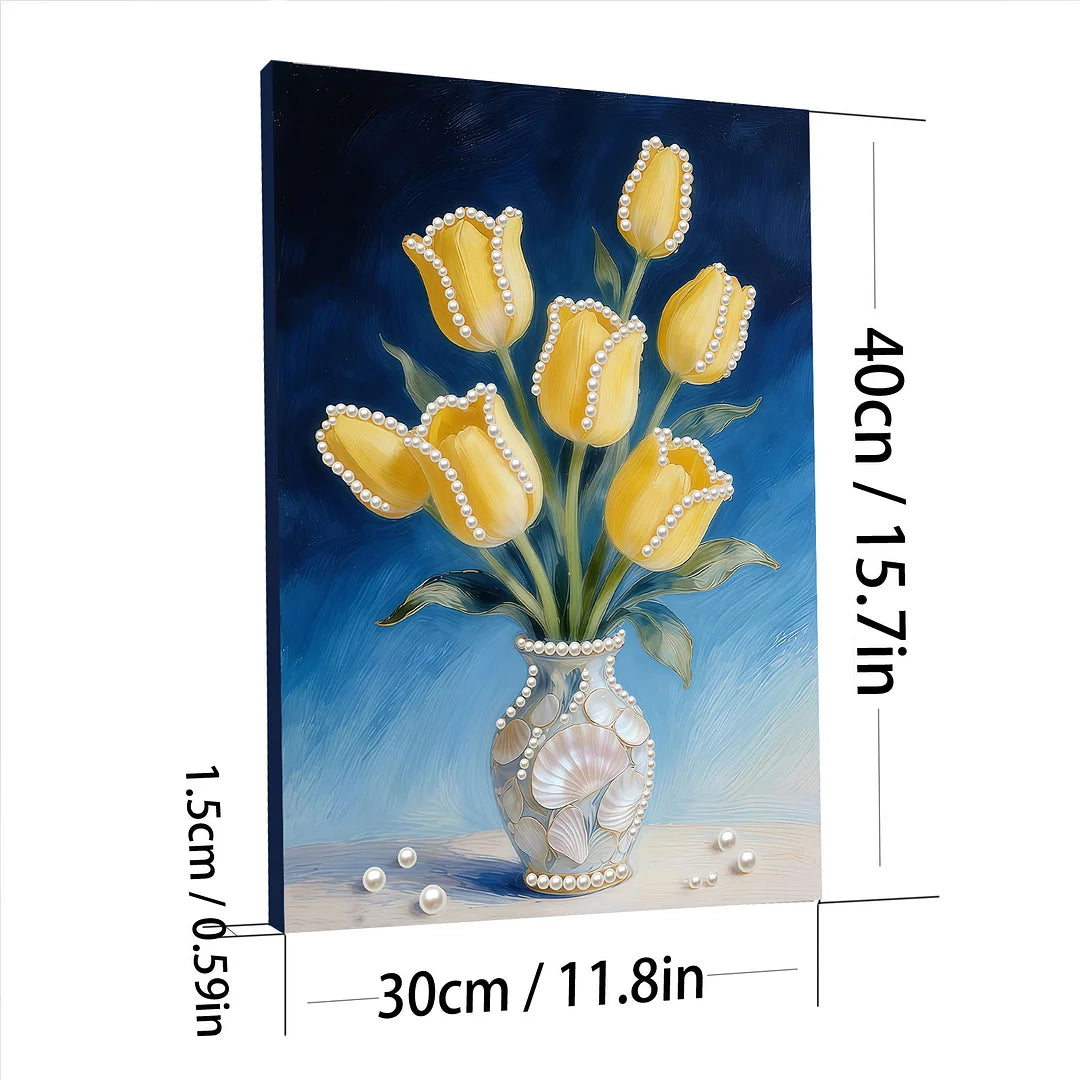 DIY Pearl Painting With Frame - Handmade Self-Adhesive Pearls - Yellow tulips (30*40cm)