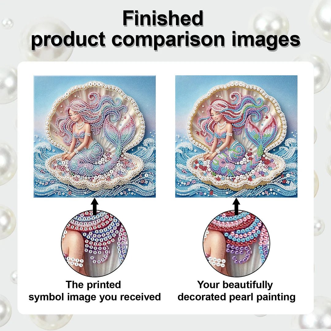 DIY Pearl Painting With Frame - Handmade Self-Adhesive Pearls - Seashell Mermaid (25*25cm)