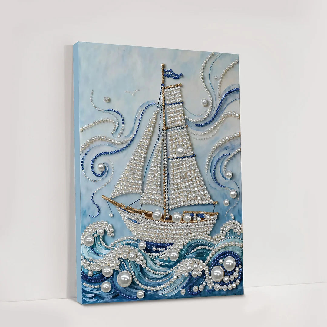 DIY Pearl Painting With Frame - Handmade Self-Adhesive Pearls - Sailboat (30*40cm) B