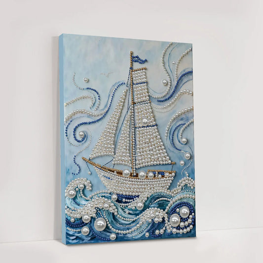 DIY Pearl Painting With Frame - Handmade Self-Adhesive Pearls - Sailboat (30*40cm) B