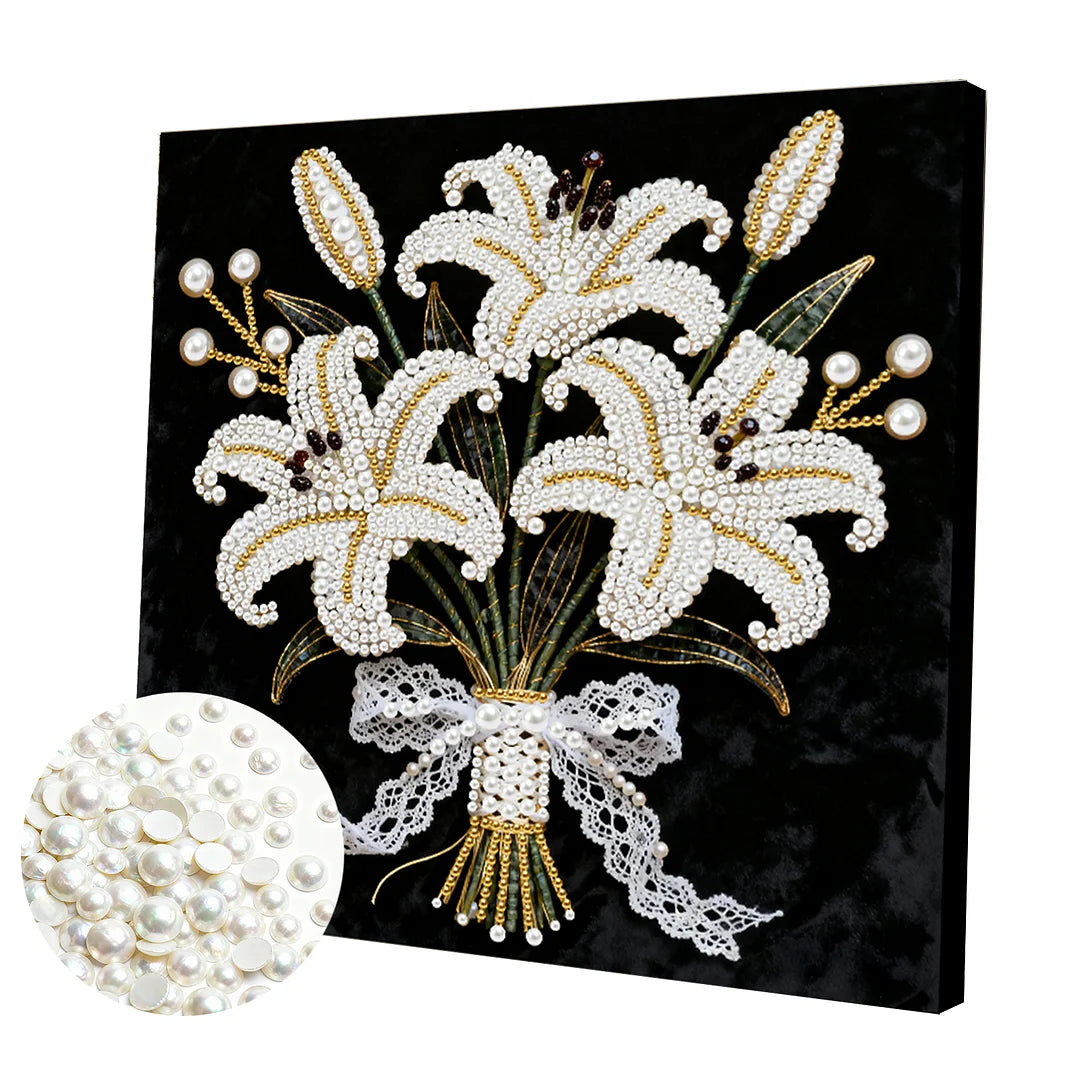 DIY Pearl Painting With Frame - Handmade Self-Adhesive Pearls - Flower (25*25cm) C