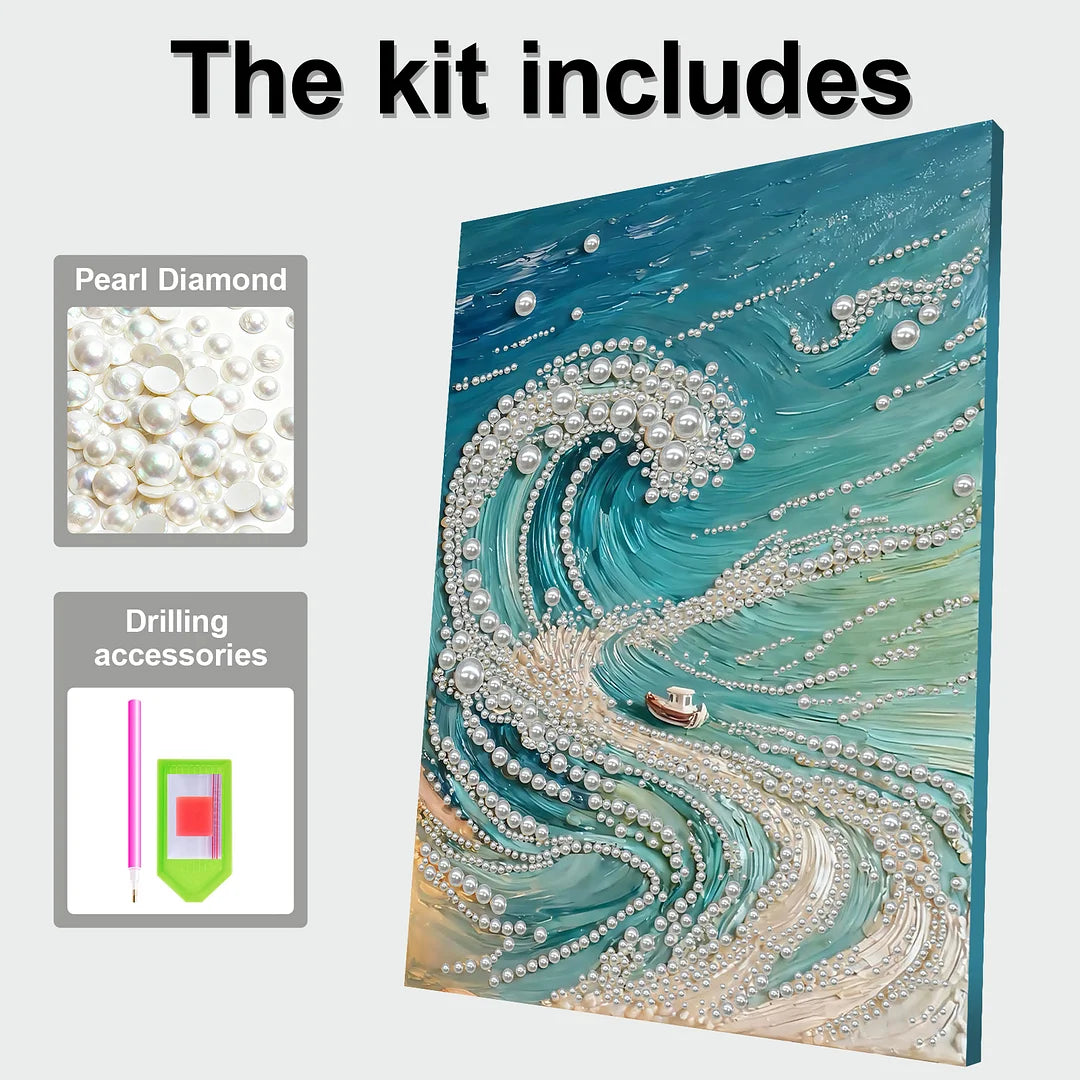 DIY Pearl Painting With Frame - Handmade Self-Adhesive Pearls - Waves (30*40cm) A