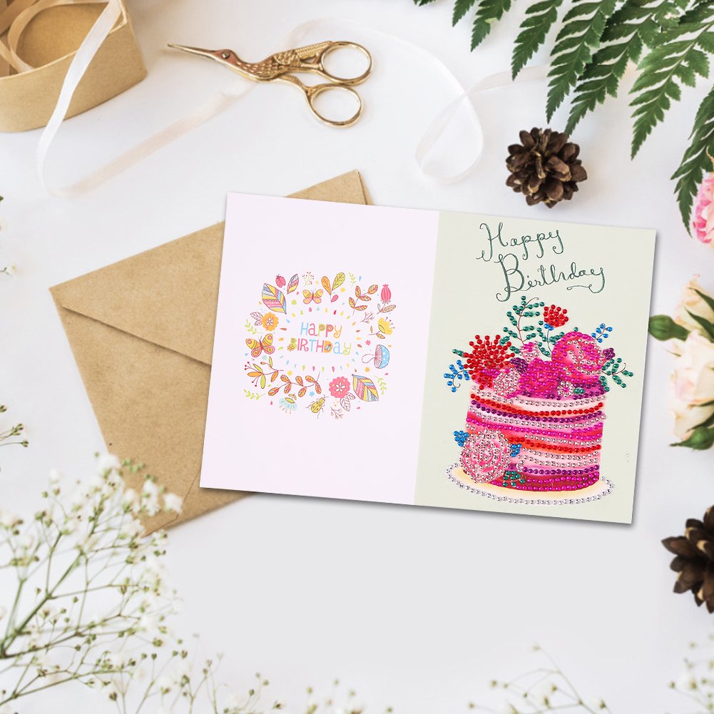 DIY 5D Diamond Painting Happy Birthday Postcard - Cake D