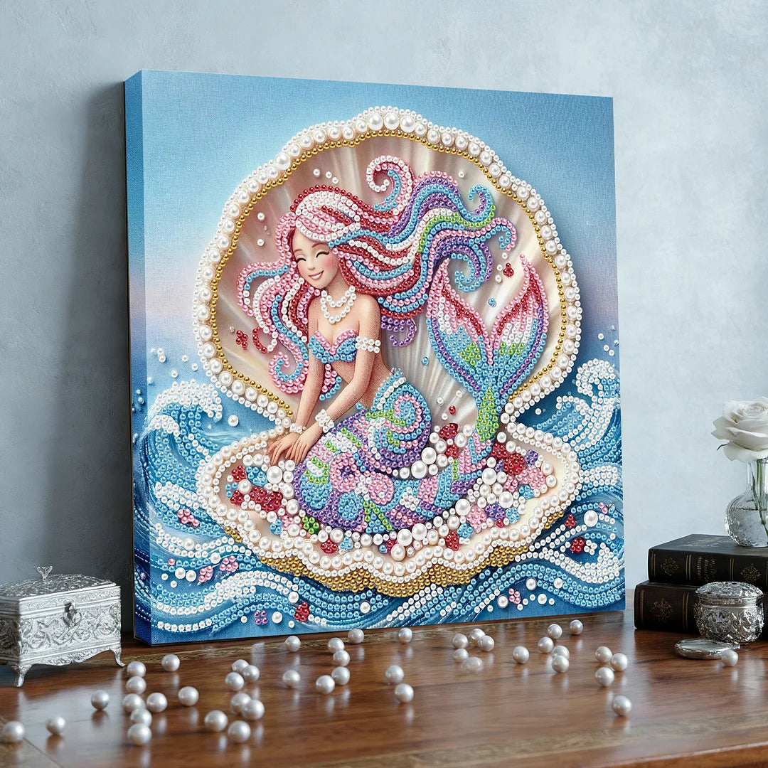DIY Pearl Painting With Frame - Handmade Self-Adhesive Pearls - Seashell Mermaid (25*25cm)