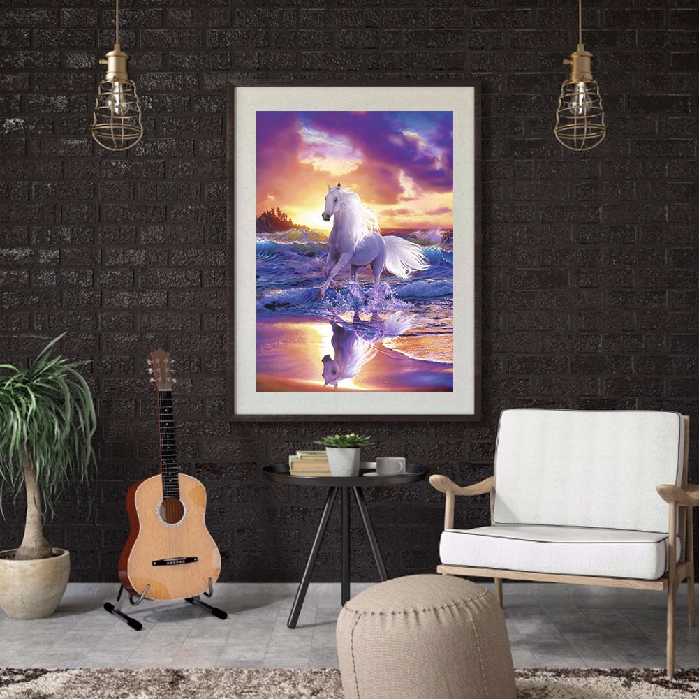 Diamond Painting - Full Round - White Horse On The Beach 