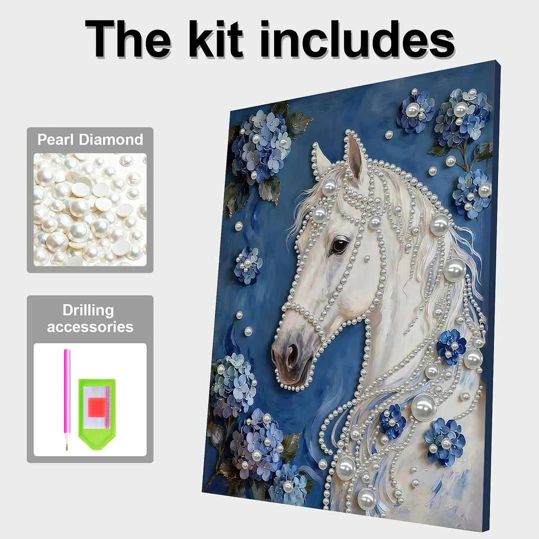 DIY Pearl Painting With Frame - Handmade Self-Adhesive Pearls - Horse (30*40cm) A