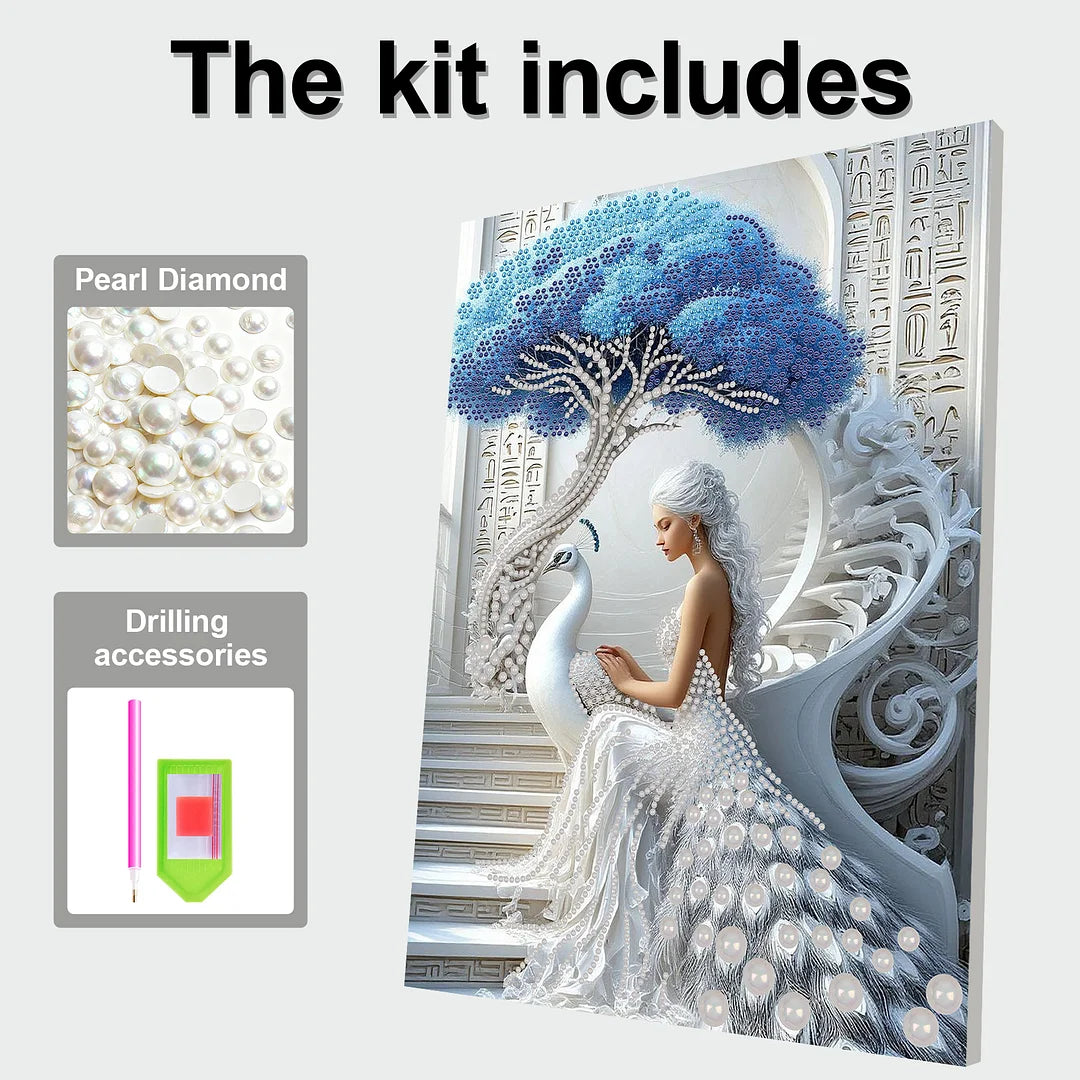 DIY Pearl Painting With Frame - Handmade Self-Adhesive Pearls - Peacock and Girl(30*40cm)