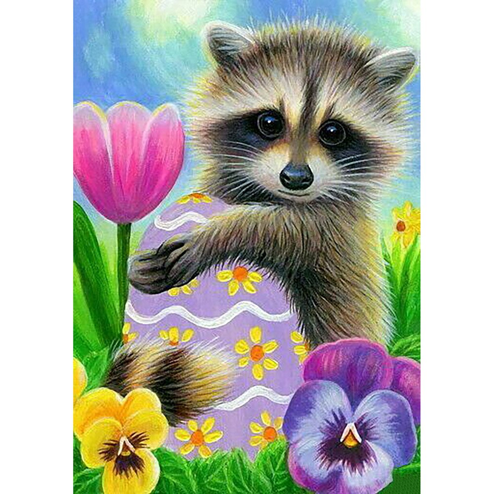 5D Diy Diamond Painting Kit Full Round Beads Racoon Holding Egg