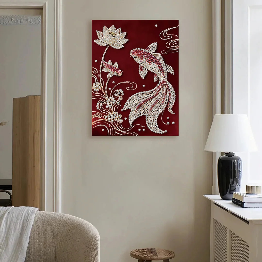 DIY Pearl Painting With Frame - Handmade Self-Adhesive Pearls - Lotus Fish (30*40cm)
