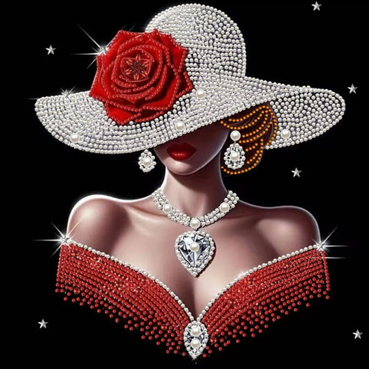 DIY Pearl Painting With Frame - Handmade Self-Adhesive Pearls - Red Woman (30*30cm)