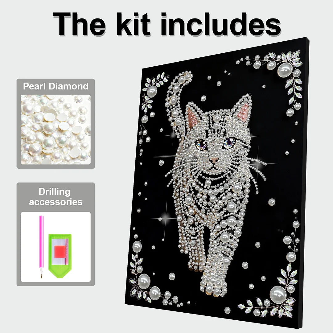 DIY Pearl Painting With Frame - Handmade Self-Adhesive Pearls - Cat (30*40cm) A