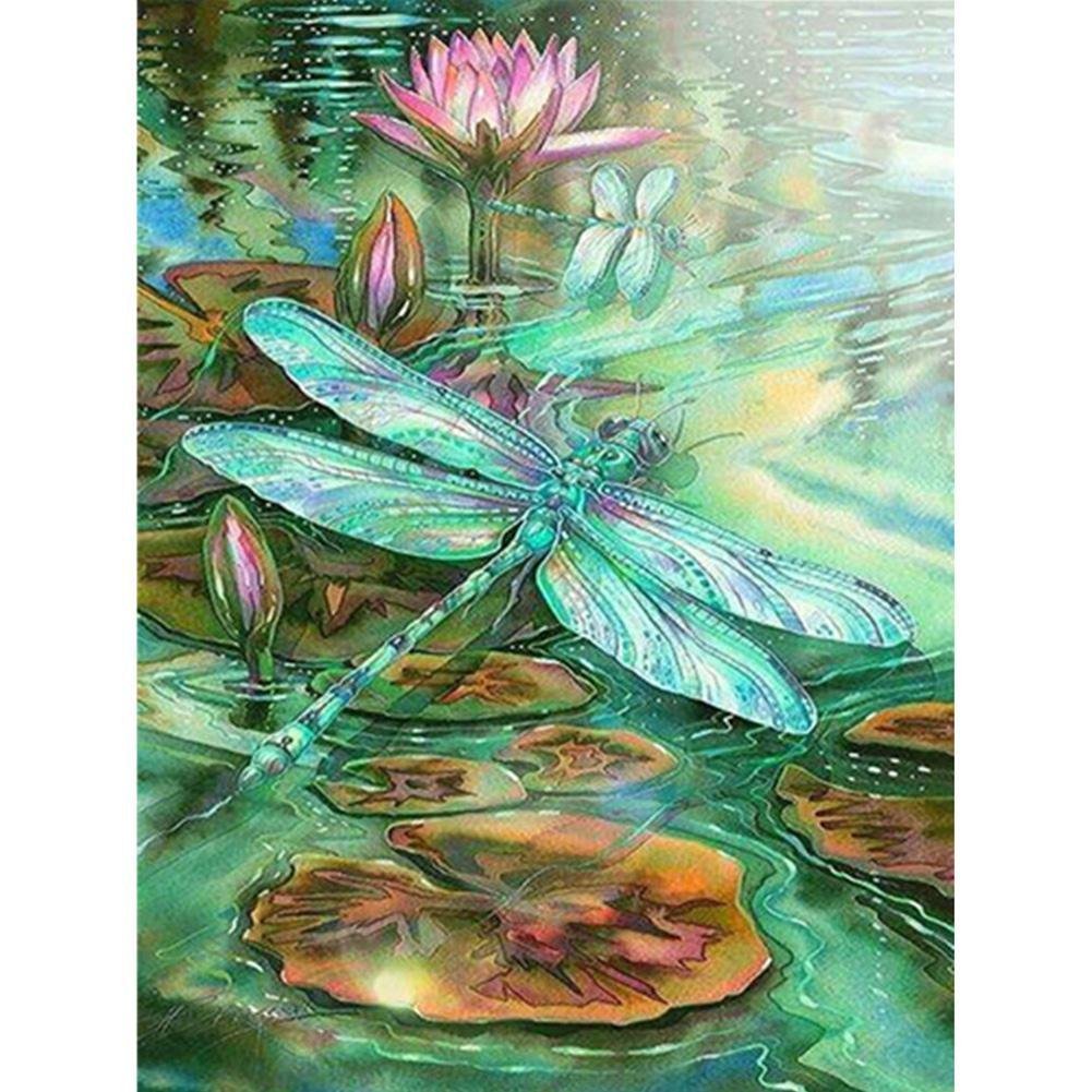 5D Diy Diamond Painting Kit Full Round Beads Dragonfly in Lotus