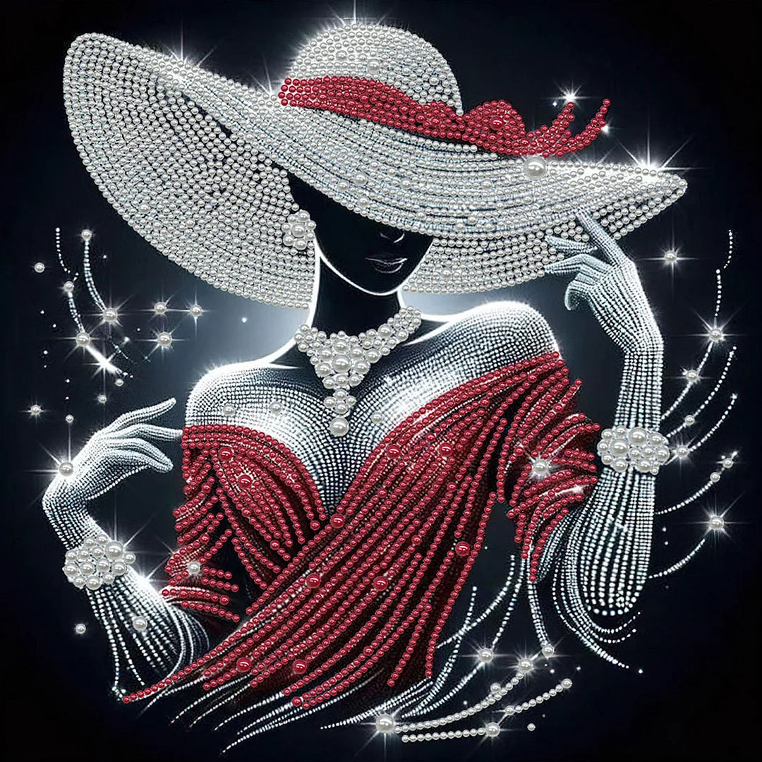 DIY Pearl Painting With Frame - Handmade Self-Adhesive Pearls - Red Dress Lady (30*30cm) A