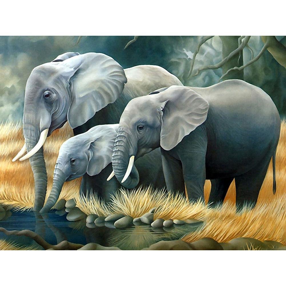 5D Diy Diamond Painting Kit Full Round Beads Drinking Elephant Family
