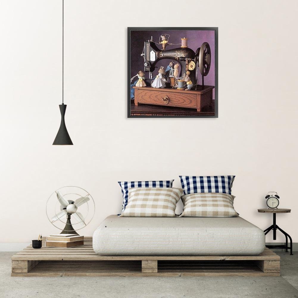 Rabbit Family and Sewing Machine 5D Diamond Painting Living Room Display