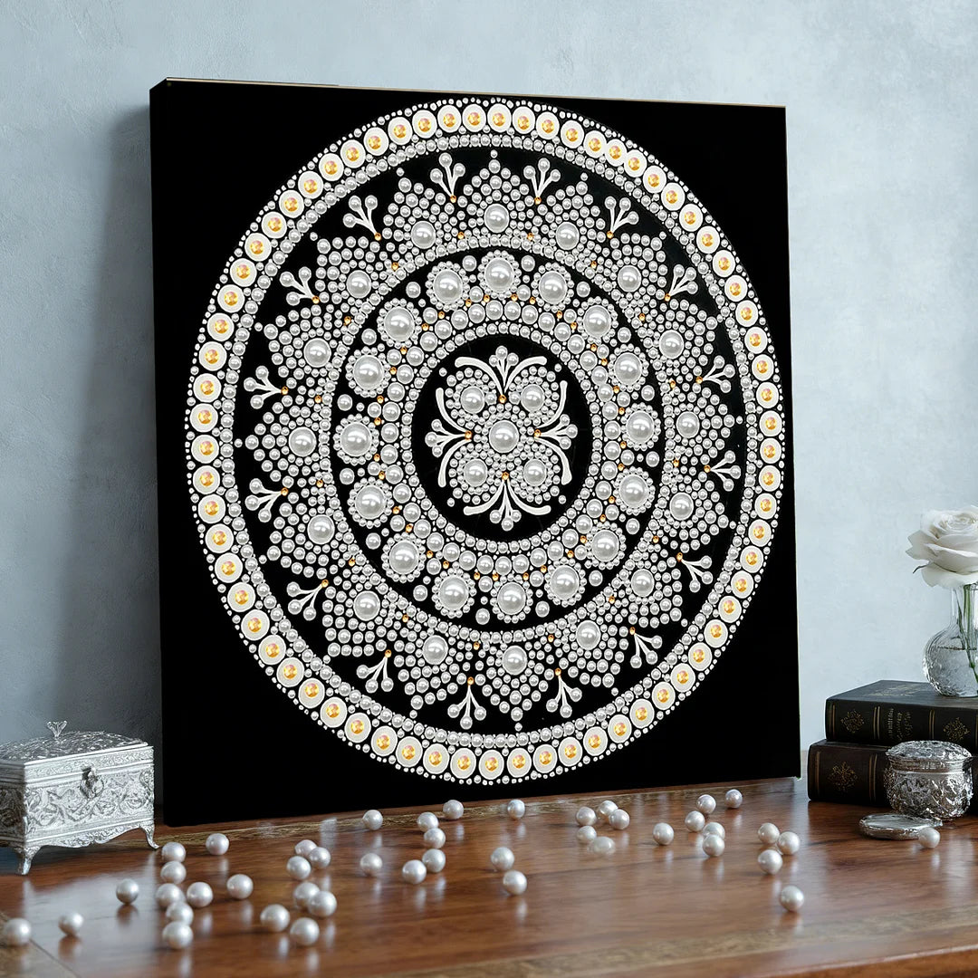 DIY Pearl Painting With Frame - Handmade Self-Adhesive Pearls - Classic Silver Mandala (25*25cm)