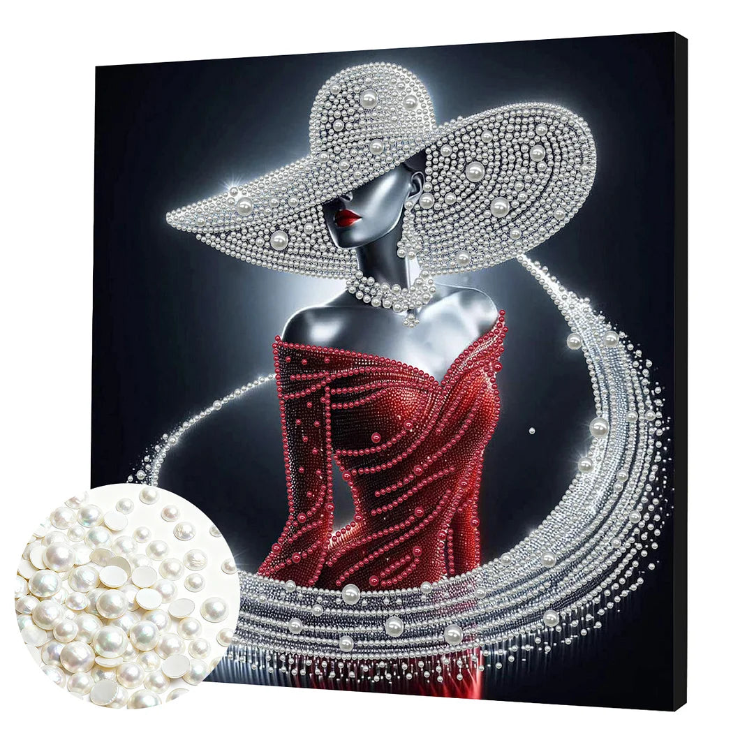 DIY Pearl Painting With Frame - Handmade Self-Adhesive Pearls - Red Dress Lady (30*30cm) B