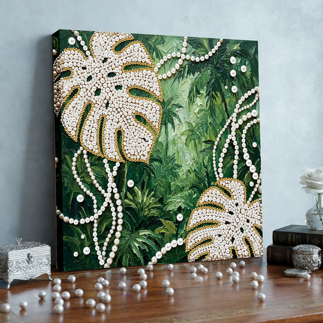 DIY Pearl Painting With Frame - Handmade Self-Adhesive Pearls - Monstera Leaves (25*25cm)