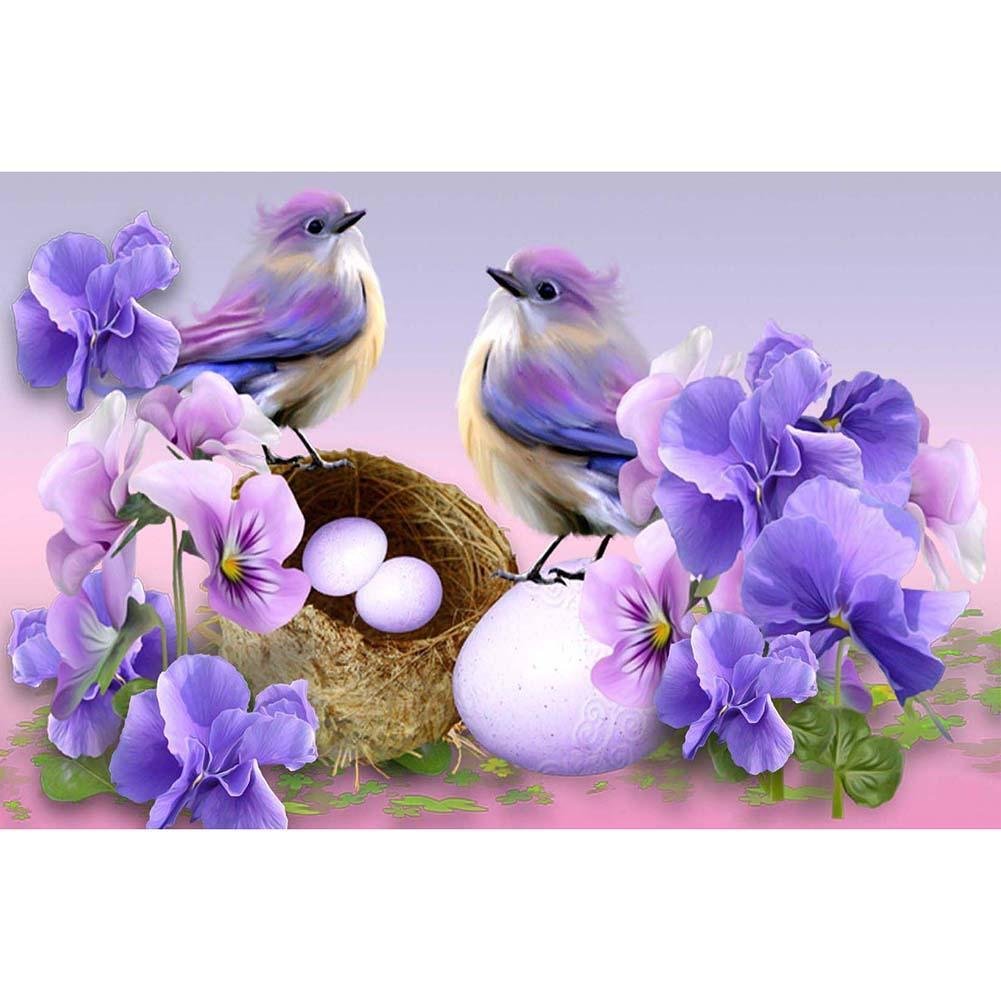 5D Diy Diamond Painting Kit Full Round Beads Purple Birds Flower