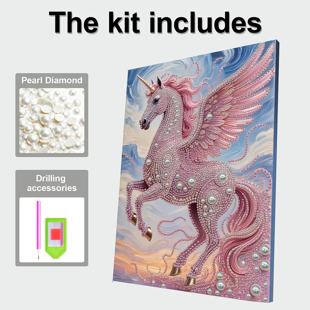 DIY Pearl Painting With Frame - Handmade Self-Adhesive Pearls - Pink Unicorn (30*40cm)
